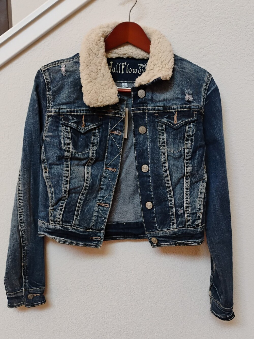 Wallflower Dark Blue Denim Jacket with Cream Sherpa Collar